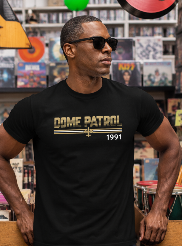 Model wearing Dome Patrol 1991 shirt at record store