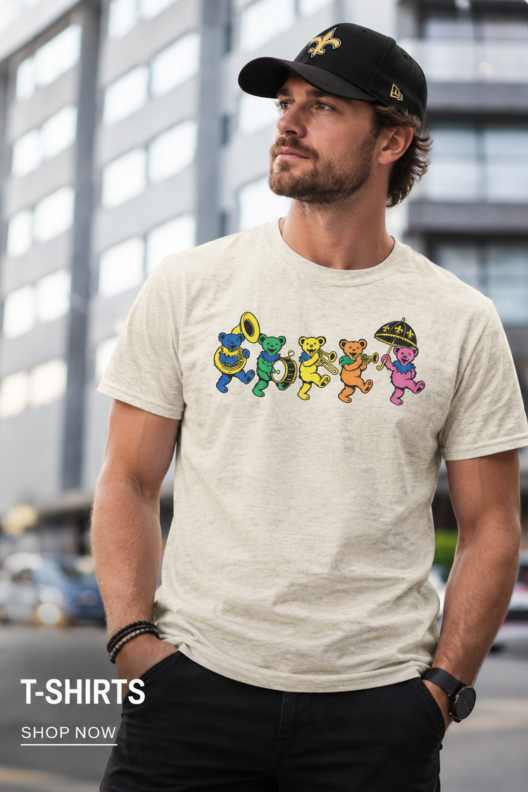 Male model wearing NOLA Republic Second Line Bears t-shirt