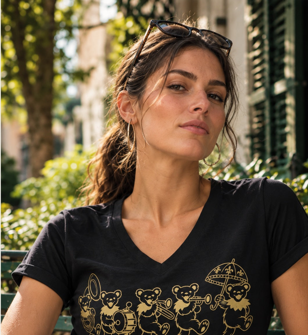 Woman wearing NOLA Republic Secondline Dancing Bears V-neck T-shirt