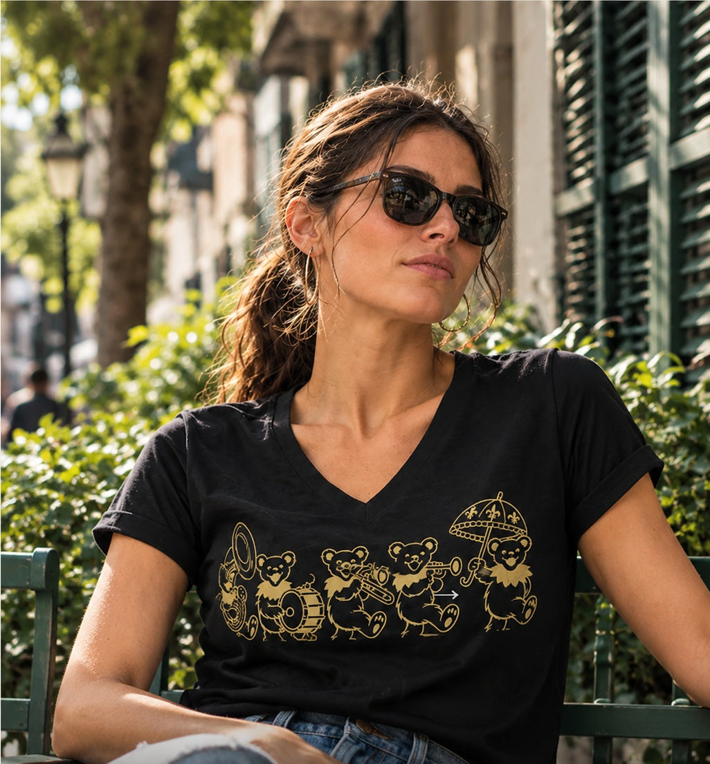 Woman wearing NOLA Republic Secondline Dancing Bears V-neck T-shirt