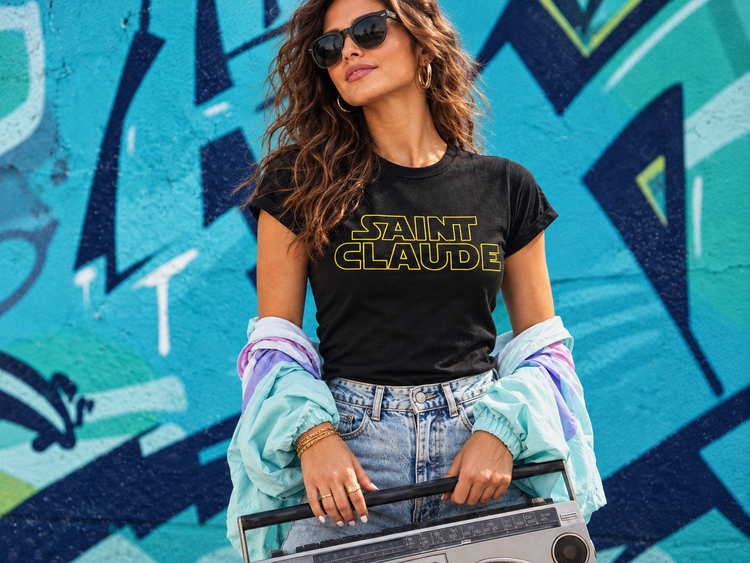 Saint Claude model against blue mural