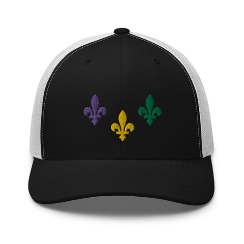 The Three Fleurs Mardi Gras Trucker Hat - NOLA REPUBLIC T-SHIRT CO.