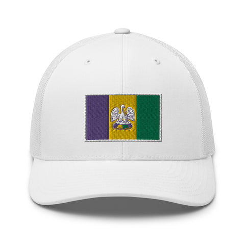 King Cake State of Mind Mardi Gras Flag Trucker Hat, Nola Republic T-Shirt Co.